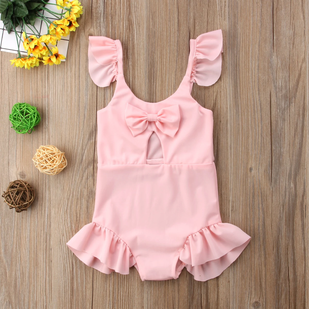 Pure Pink Ruffles Style One Piece Swimsuit For Baby Girl Bowknot Sweet