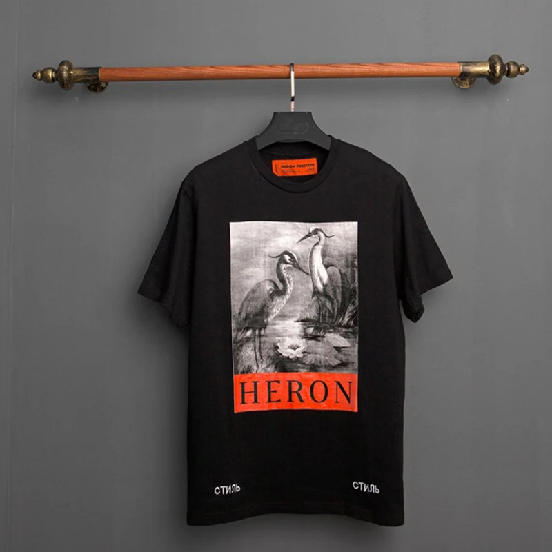 

Heron Preston Crane Printing Pattern T-shirt 18ss New High Quality Cotton Black And White T-shirt HP Summer Loose Men Top Tees