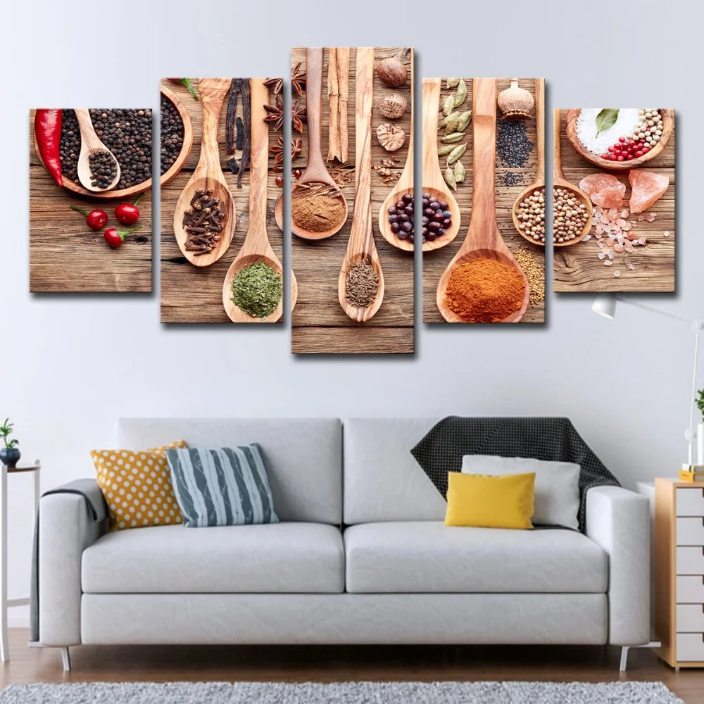 

Modern Printed Poster Frame For Living Room Wall Art Food Pictures 5 Piece Spoon Grains Spices HD Canvas Painting Home Decor