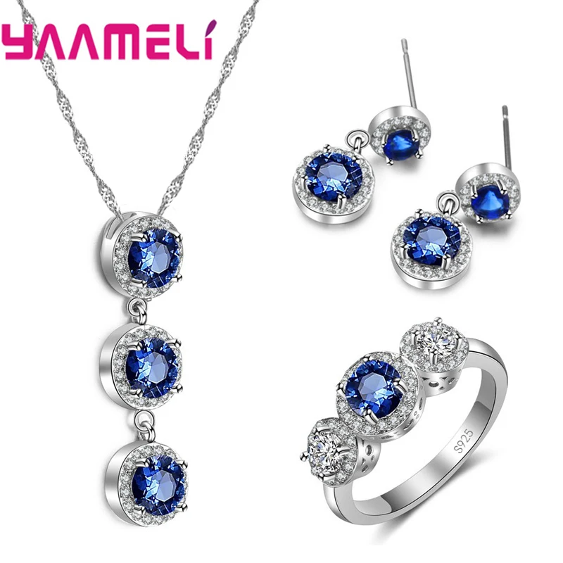 Attractive Fashion Jewelry Sets For Women 925 Sterling Silver Clear White&Blue Round CZ Pendant Necklace Earrings | Украшения и