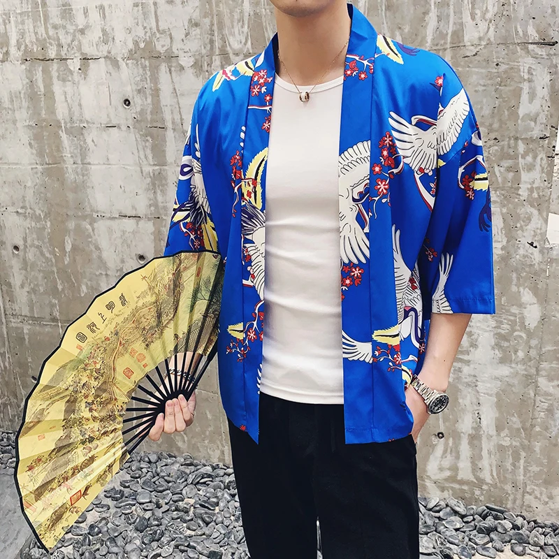 Китайский стиль рубашки верхняя одежда журавль печатных мужские с Hanfu Мода 2019 г.