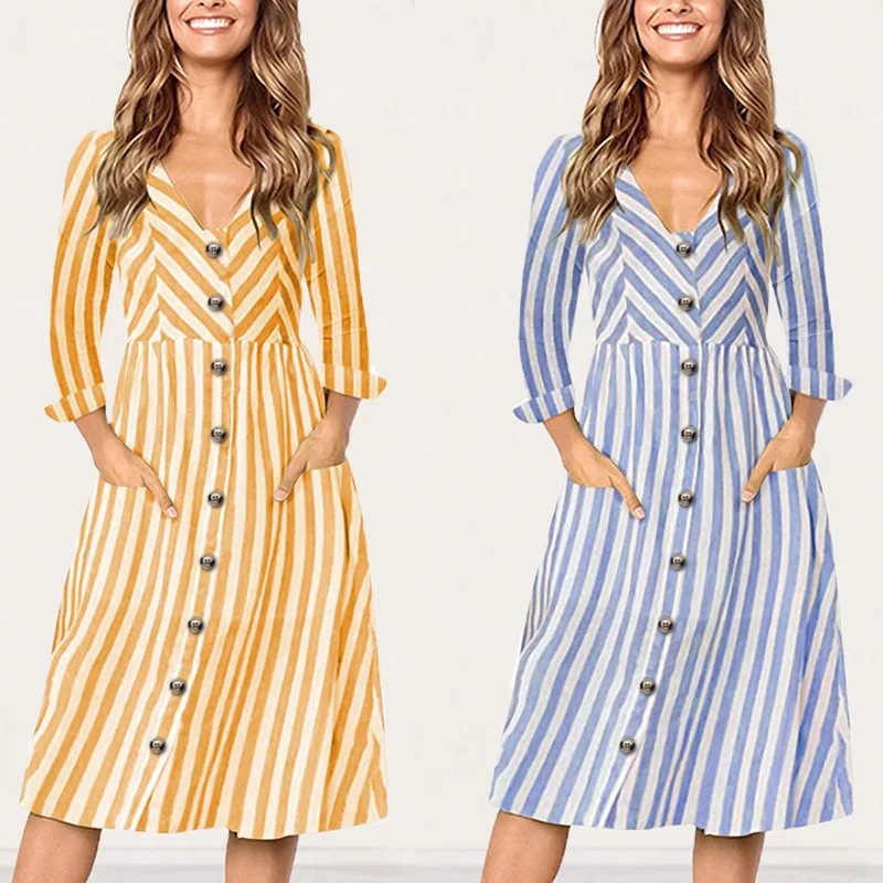 Button Striped Knee Length Slim Dress Women Long Sleeve V neck A line Vintage Dress Casual Single Breasted Shirt Autumn Dresses
Button Striped Knee Length Slim Dress Women Long Sleeve V neck A line Vintage Dress Casual Single Breasted Shirt Autumn Dresses
