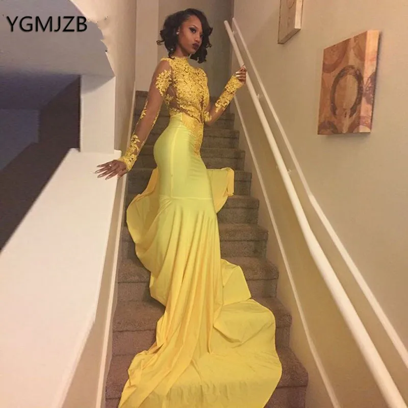 Elegant Mermaid Yellow Prom Dress Long Sleeves 2019 High Neck Lace Aso Ebi Nigeria Formal Evening Party Gown Robe De Soiree
Elegant Mermaid Yellow Prom Dress Long Sleeves 2019 High Neck Lace Aso Ebi Nigeria Formal Evening Party Gown Robe De Soiree