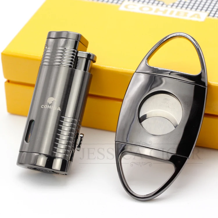 COHIBA Cigar Smoking Set Metal Super Sharp Cigar Cutter 3 Jet Flame Torch Butane Gas Cigarette Fire Lighter With Gift Box
COHIBA Cigar Smoking Set Metal Super Sharp Cigar Cutter 3 Jet Flame Torch Butane Gas Cigarette Fire Lighter With Gift Box