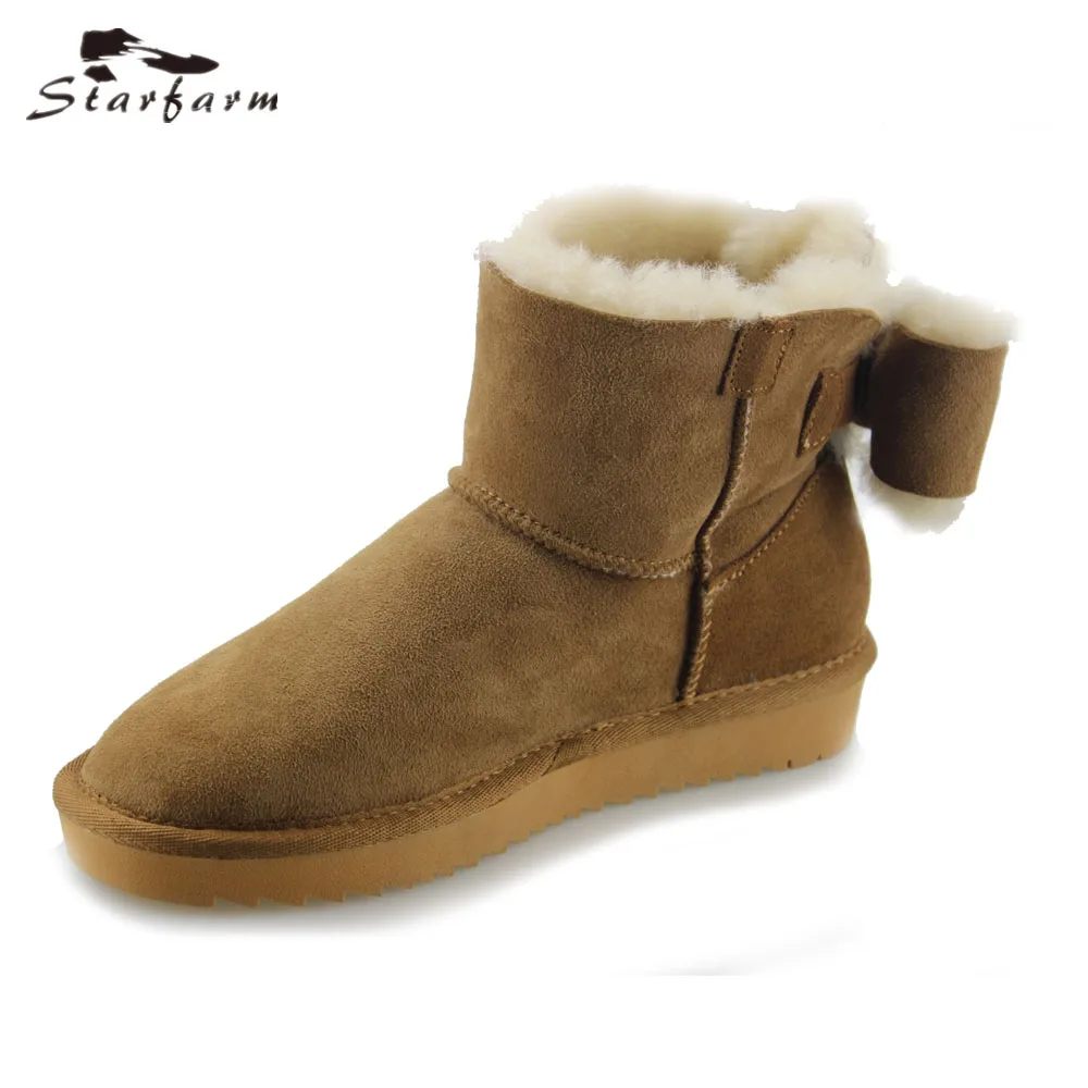 STARFARM Wool Boot Bow Shoes Genuine Leather Boots Warm Shoes Winter Women Shoes Bootie Snow Boots in Tan Grey Black Boot 2017