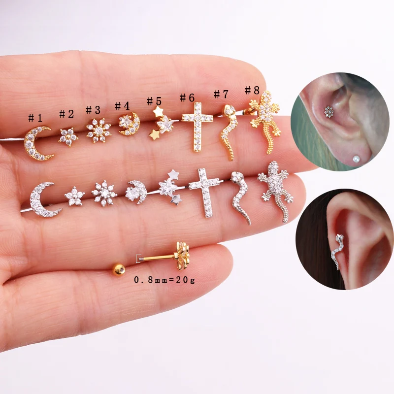 Sellsets 1PC 20g Gold Silver Tone Animal Snake Gecko Cross Flower Star Moon CZ Daith Tragus Helix Rook Piercing Earring Stud
Sellsets 1PC 20g Gold Silver Tone Animal Snake Gecko Cross Flower Star Moon CZ Daith Tragus Helix Rook Piercing Earring Stud