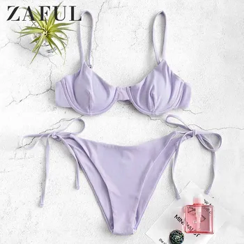 

ZAFUL Ribbed Underwire Tie Side Bikini Set Spaghetti Straps Low Waisted Sexy Swim Suit Underwire Padded Push Up Bathing Suit