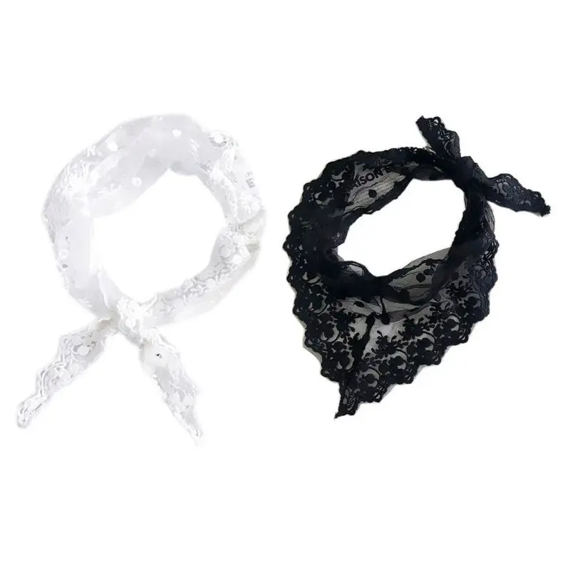 

Womens Crochet Embroidered Floral Lace Triangle Neck Scarf Solid Color Polka Dot Bandana Kerchief Hair Tie Vintage Wrist Ribbon