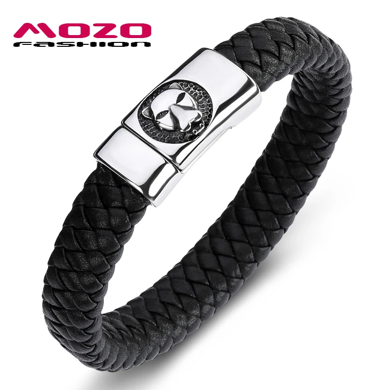 MOZO FASHION Wolf Bracelet Black Genuine Leather Stainless Steel Magnet Buckle Man Unique personality Punk Jewelry 089 | Украшения и