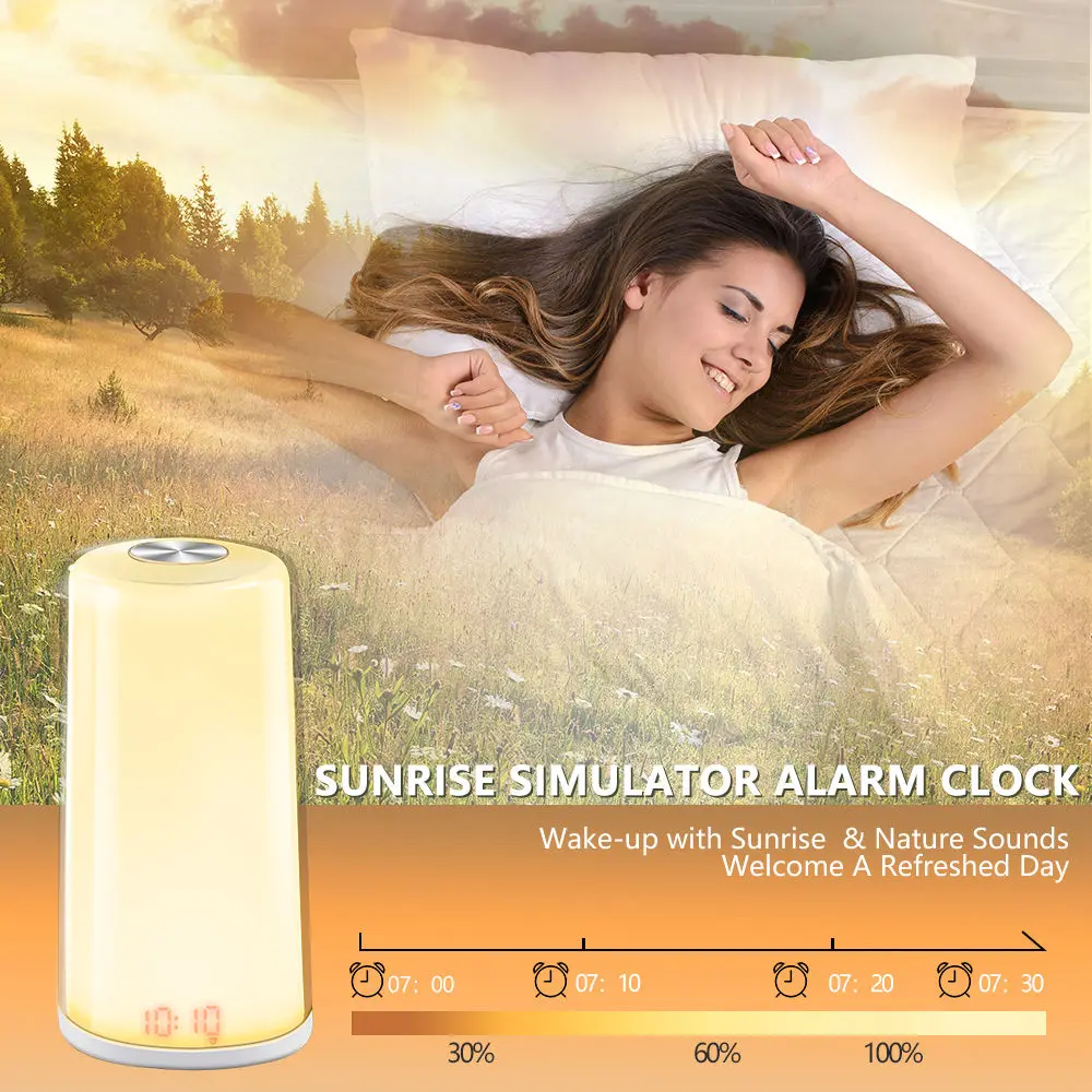 TITIROBA Digital Alarm Clock Sunrise Wake up Light Natural Sounds Snooze Function Touch Control Lamp Night Light Memory Function
TITIROBA Digital Alarm Clock Sunrise Wake up Light Natural Sounds Snooze Function Touch Control Lamp Night Light Memory Function
