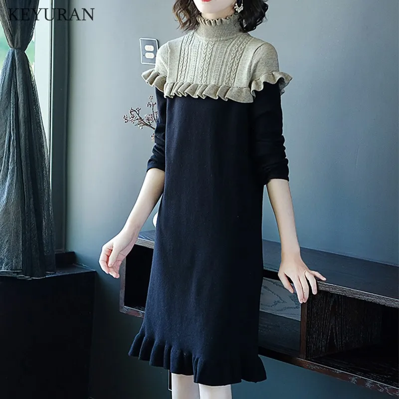 Fashion Knitted Sweater Dress Ladies Elegant Vestidos Loose Ruffles High Collar Long Sleeve Knitting Mermaid Dresses For Women
Fashion Knitted Sweater Dress Ladies Elegant Vestidos Loose Ruffles High Collar Long Sleeve Knitting Mermaid Dresses For Women