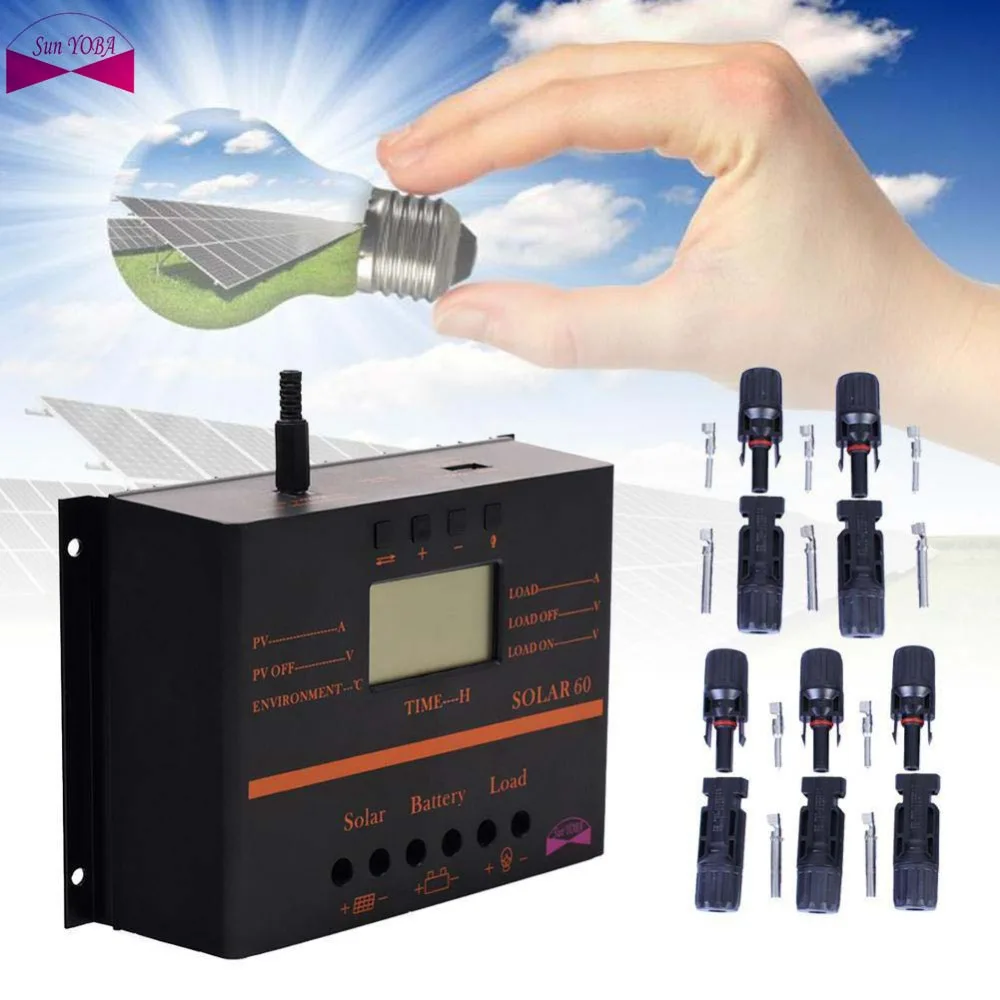 PWM 60A Solar Charge Controller 12V 24V LCD Display USB 5V Solar Panel Charge Regulator + 5 Pairs M/F Solar Panel Cable
PWM 60A Solar Charge Controller 12V 24V LCD Display USB 5V Solar Panel Charge Regulator + 5 Pairs M/F Solar Panel Cable