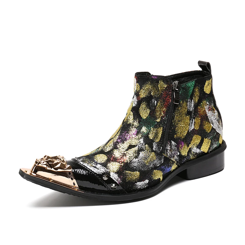 Men Pointed Toe Metal Tip Men's Dress Boots Genuine leather Fashion low heel Color matching graffiti Ankle boots for men
Men Pointed Toe Metal Tip Men's Dress Boots Genuine leather Fashion low heel Color matching graffiti Ankle boots for men