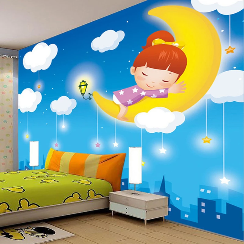 Image Night Sky Moon Girl White Cloud 3D Cartoon Sofa Lounge TV Backdrop Wall Mural Wallpaper Modern Simple Interior Decor Wall Papers