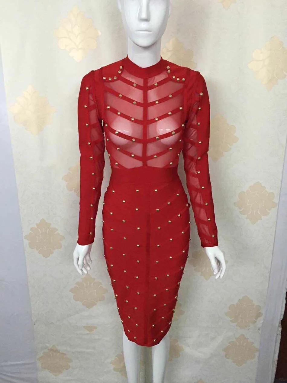 TANG Summer Sexy Low Chest Women Dress Fashion Rivet Slim High Waist Dress Runway Perspective Hollow Out Party dress (3)
