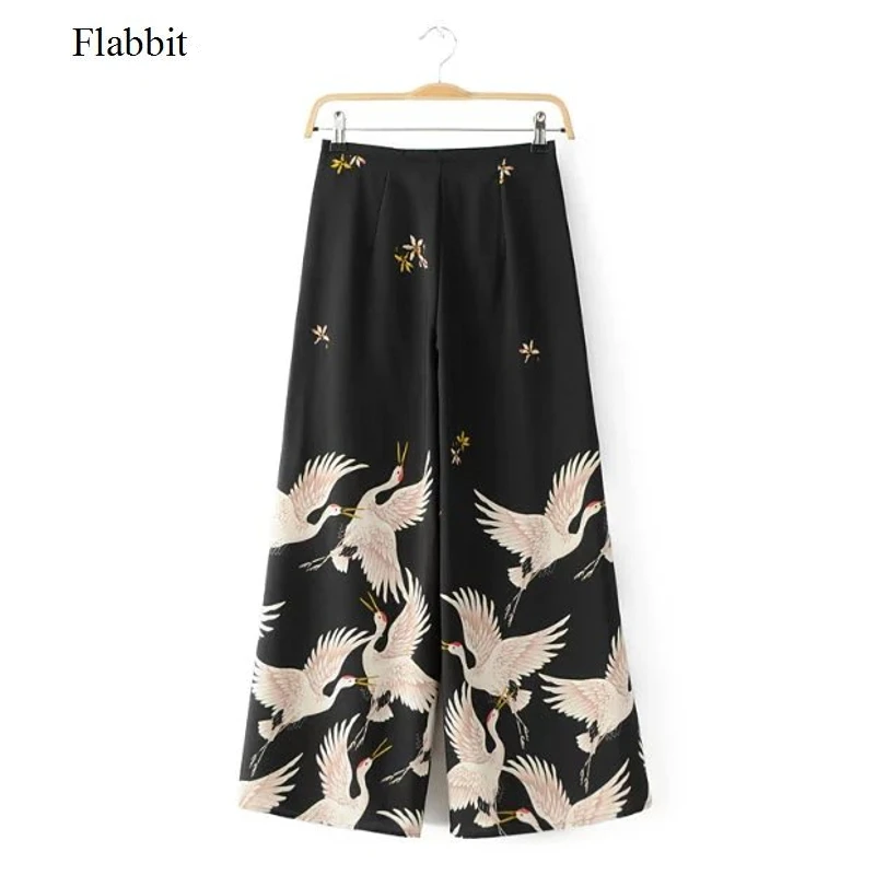 

Flabbit women vintage crane print kimono pants lady spring casual streetwear fashion wide leg pants trousers mujer P002