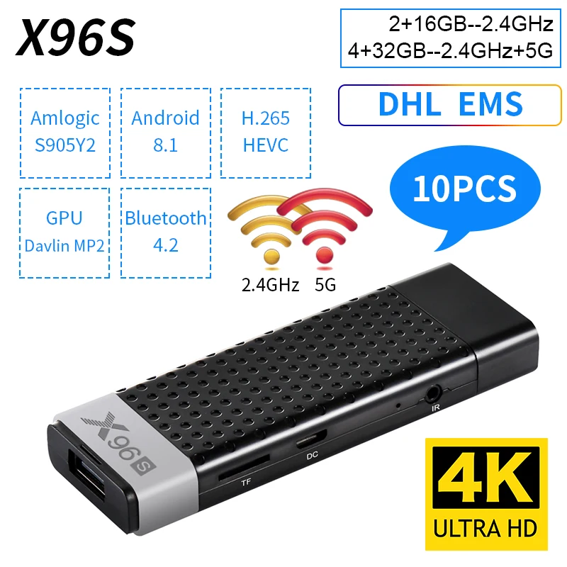 10pcs X96S Android TV Stick & Android 8.1 Display dongle Quad Core Amlogic S905Y2 Wifi 4G RAM 32GB ROM Bluetooth Smart TV Box
10pcs X96S Android TV Stick & Android 8.1 Display dongle Quad Core Amlogic S905Y2 Wifi 4G RAM 32GB ROM Bluetooth Smart TV Box