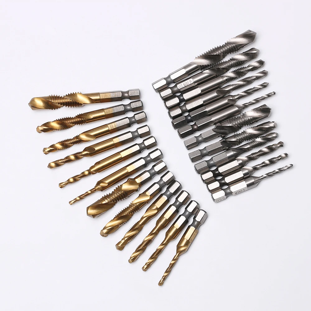 6Pcs Compound Tap M3 - M10 High Speed Steel Drill Bits & Chucks Hex Shank Titanium Plated Screw Thread Drill Bits Set
6Pcs Compound Tap M3 - M10 High Speed Steel Drill Bits & Chucks Hex Shank Titanium Plated Screw Thread Drill Bits Set
