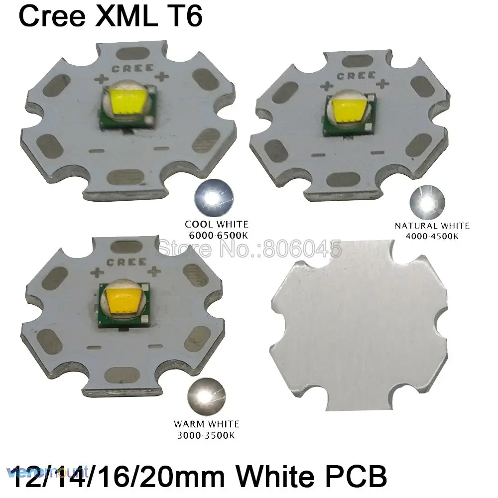 

5pcs CREE XML XM-L T6 Cool White 6500K Neutral White 4500K Warm White 3000K High Power LED Emitter 12mm 14mm 16mm 20mm White PCB