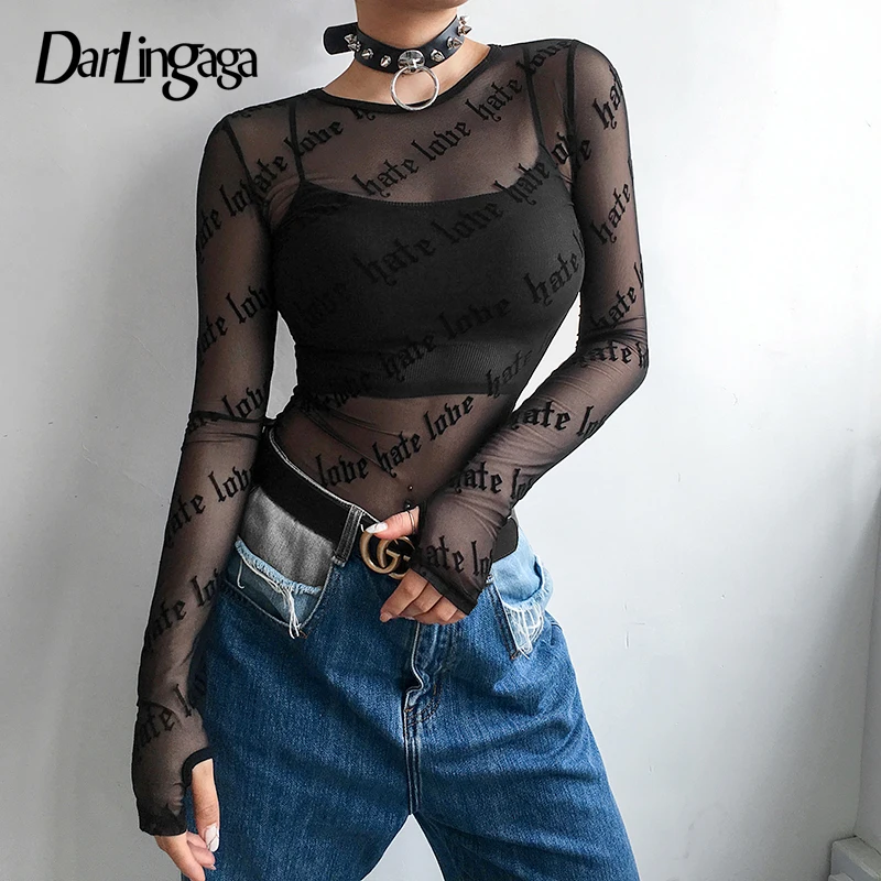 Darlingaga Hot sale transparent black mesh top tshirt long sleeve elastic fashion crop top tee letter print summer t-shirts 2019
Darlingaga Hot sale transparent black mesh top tshirt long sleeve elastic fashion crop top tee letter print summer t-shirts 2019