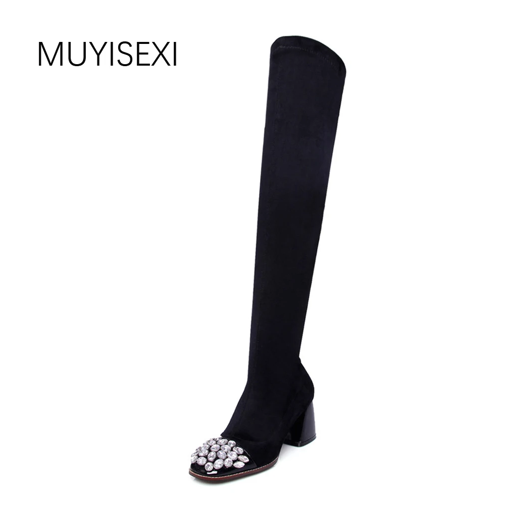 Over the Knee High Boots Elastic Flock Chunky Heel Women Boots Black Square Toe with Rhinestone Girl Boots QU01 MUYISEXI
Over the Knee High Boots Elastic Flock Chunky Heel Women Boots Black Square Toe with Rhinestone Girl Boots QU01 MUYISEXI