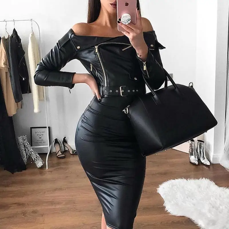 2019 Spring Off shoulder pu leather dress with belt Long sleeve sashes bodycon women dress skinny black leather dresses
2019 Spring Off shoulder pu leather dress with belt Long sleeve sashes bodycon women dress skinny black leather dresses
