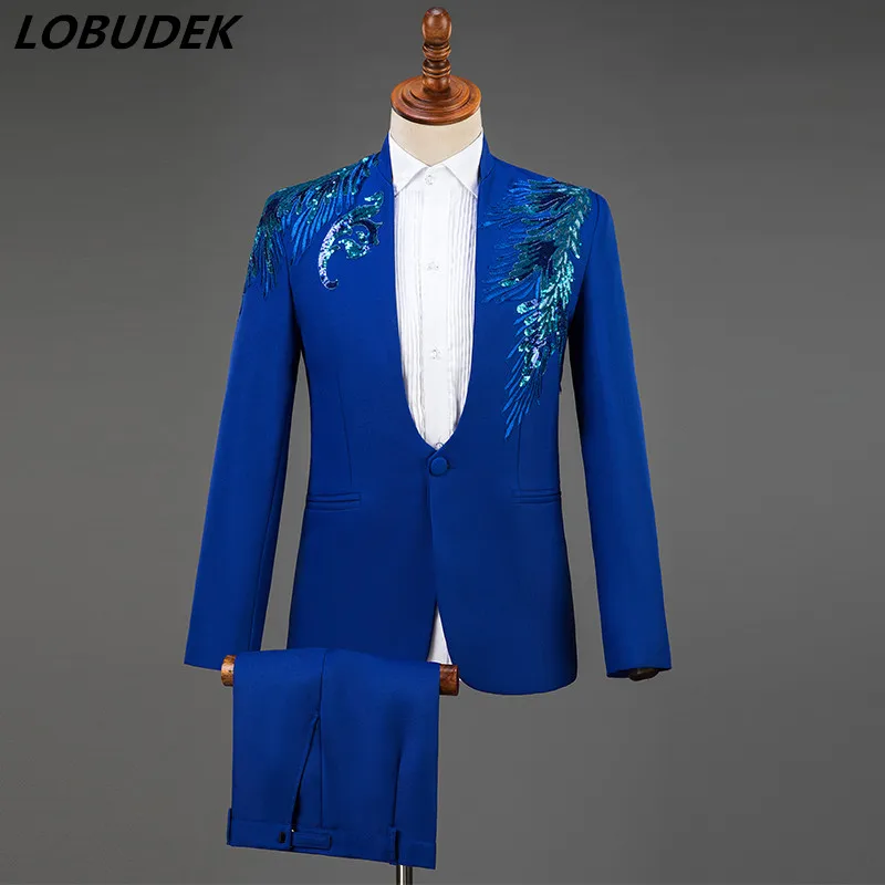 

Stand-Collar Men's Suits Wedding Groom Dress Shining Sequins Blazers SUIT Male Singer Host Stage Outfits Performance Costumes