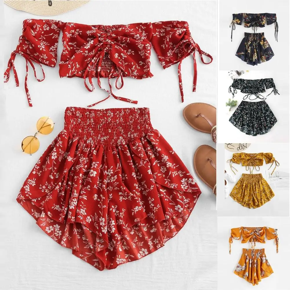 Off Shoulder Cinched Floral Women Set Summer Slash Neck Short Sleeves Crop Top High Waist Shorts Set Beach Boho Suits
Off Shoulder Cinched Floral Women Set Summer Slash Neck Short Sleeves Crop Top High Waist Shorts Set Beach Boho Suits