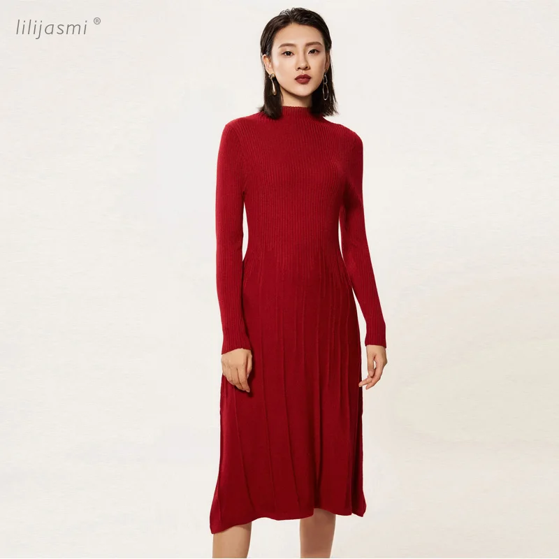 

2018 Spring Annual New Fit & Flare High O-Neck Lantern Sleeve Knit Dress Women Belt Wool Knit False Twinset Sweater Dress #332