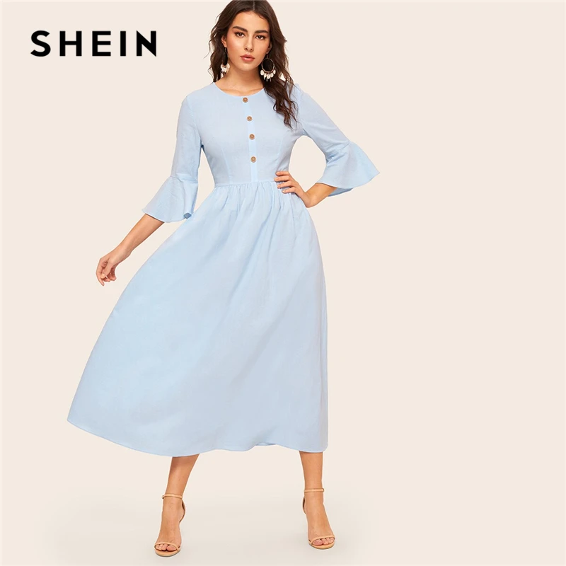 SHEIN Blue Button Front Flounce Sleeve Fit and Flare Dress Women Summer Autumn Solid A Line Dress Abaya Elegant Long Dresses
SHEIN Blue Button Front Flounce Sleeve Fit and Flare Dress Women Summer Autumn Solid A Line Dress Abaya Elegant Long Dresses