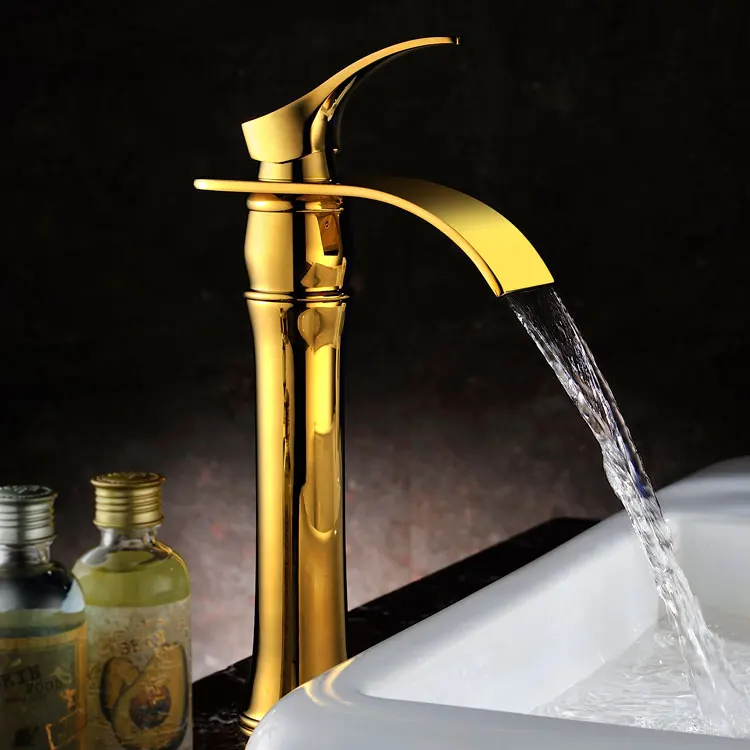 

European high solid brass gold finished bathroom sink waterfall faucet golden basin Hot and cold water mixer tap faucet-6658