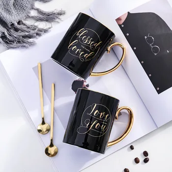 Creative Gold Letter Pattern Design Black Coffee Mugs With Gold Handle and Spoon 380ml for Office Household
Creative Gold Letter Pattern Design Black Coffee Mugs With Gold Handle and Spoon 380ml for Office Household