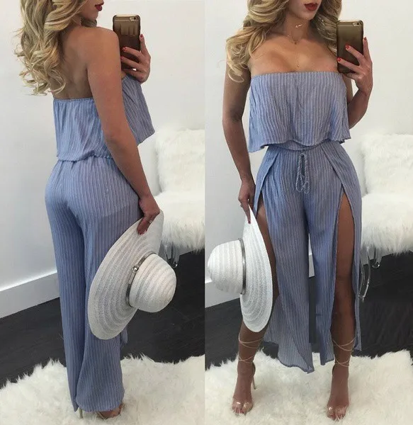 Women Jumpsuit Summer Slash Neck Sleeveless Bandeau Strappy Stripe Bodysuit Ruffled Flounce Long Body Overalls for Women Rompers
Women Jumpsuit Summer Slash Neck Sleeveless Bandeau Strappy Stripe Bodysuit Ruffled Flounce Long Body Overalls for Women Rompers