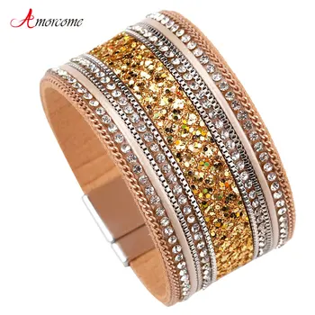Amorcome Gold Color Sequins Leather Bracelet For Women Magnet Clasp Rhinestone Wide Wrap Bracelets & Bangles Female Jewelry Gift
Amorcome Gold Color Sequins Leather Bracelet For Women Magnet Clasp Rhinestone Wide Wrap Bracelets & Bangles Female Jewelry Gift