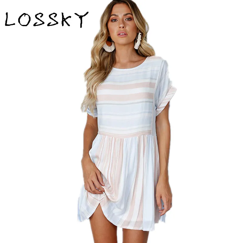 LOSSKY Striped Print O-Neck Mini Dress Sexy Short Sleeve Casual Pleated Short Women's 2018 New Summer Dresses Tunic Beach Dress
LOSSKY Striped Print O-Neck Mini Dress Sexy Short Sleeve Casual Pleated Short Women's 2018 New Summer Dresses Tunic Beach Dress
