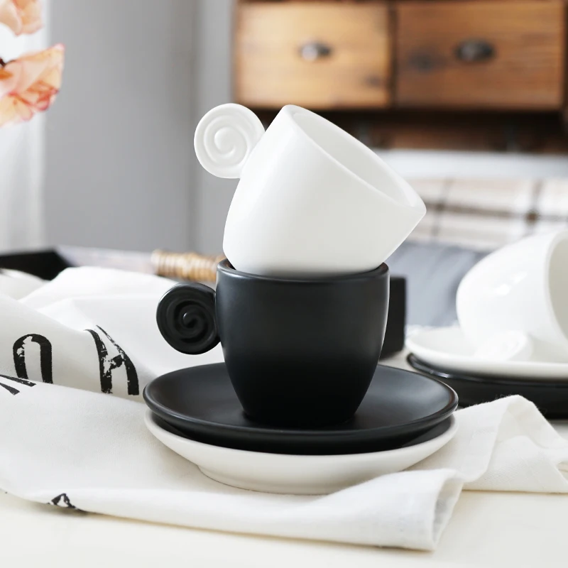 

90ml egg shape customized logo black and white espresso cup and saucer with Threaded handle in glossy or matte