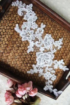 silver sequins alencon lace Applique, cord lace applique DZDH022H 10 pair 
silver sequins alencon lace Applique, cord lace applique DZDH022H 10 pair