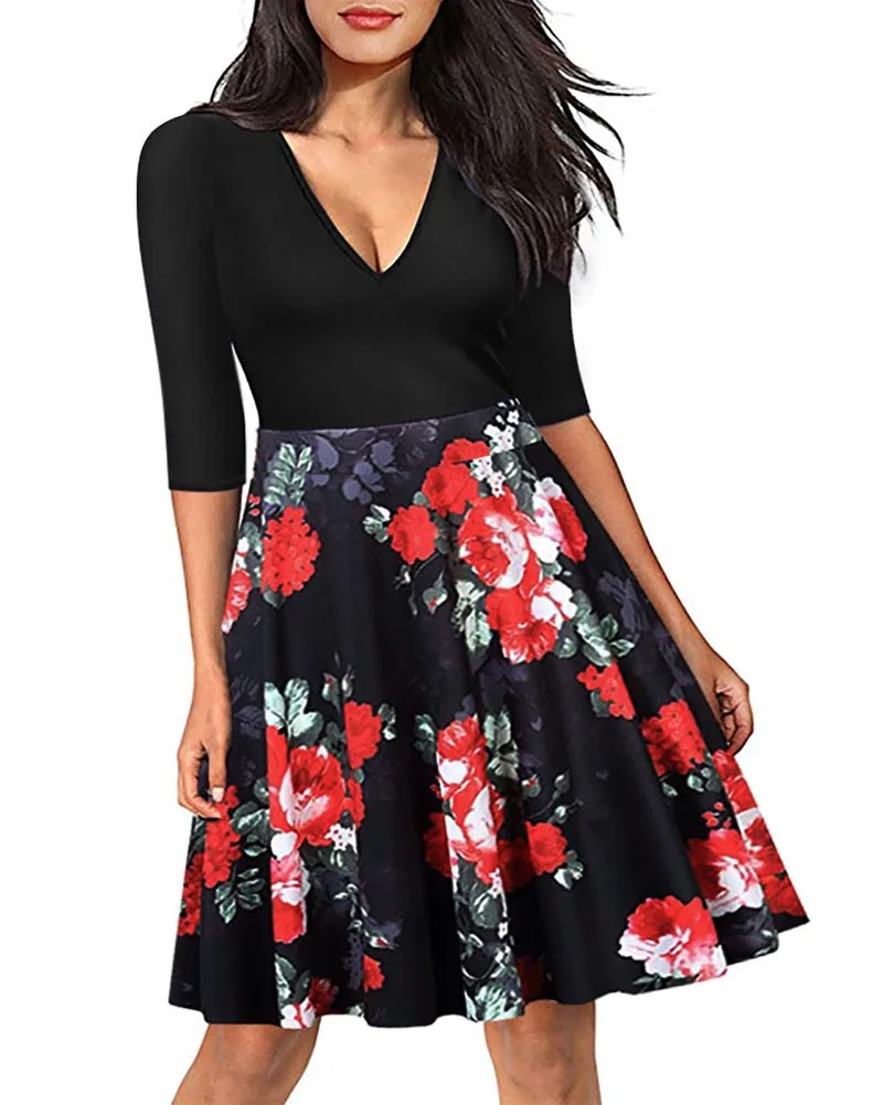 Hitmebox 2019 New Autumn Winter Women's Floral Print V-neck 1/2 Sleeve A Line Fit and Flare Contrast Cocktail Party Swing Dress
Hitmebox 2019 New Autumn Winter Women's Floral Print V-neck 1/2 Sleeve A Line Fit and Flare Contrast Cocktail Party Swing Dress