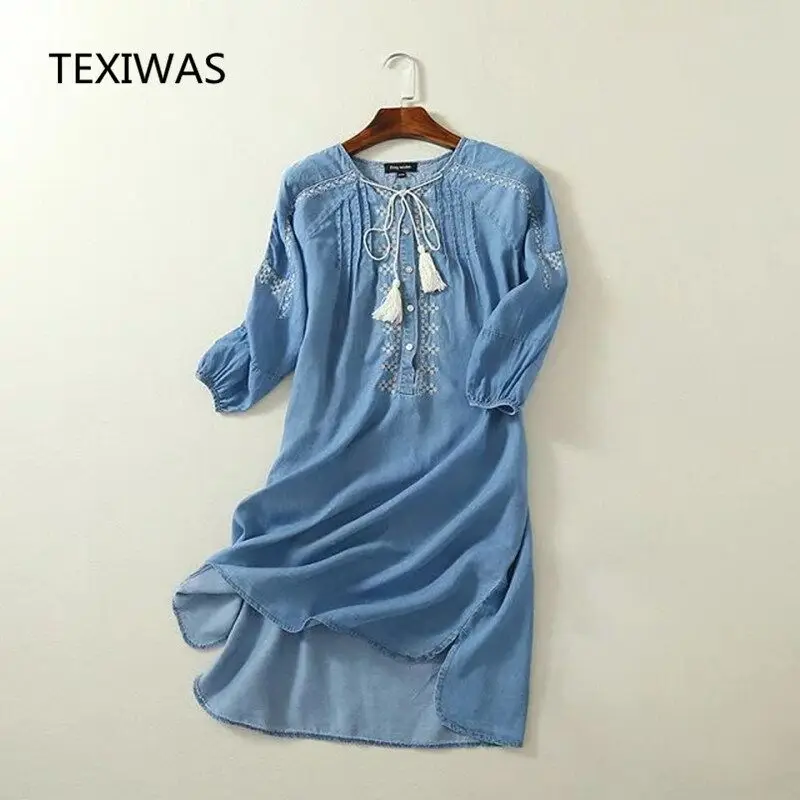 TEXIWAS 2018 Spring Autumn new V-neck long sleeves loose embroidery tassel dress cowboy fashion split fork cotton linen dress
TEXIWAS 2018 Spring Autumn new V-neck long sleeves loose embroidery tassel dress cowboy fashion split fork cotton linen dress