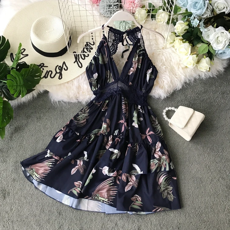 2019 new fashion women's dresses Summer Sexy Flower Printed Lace Halter V-neck Double Ruffled Halter Dress
2019 new fashion women's dresses Summer Sexy Flower Printed Lace Halter V-neck Double Ruffled Halter Dress