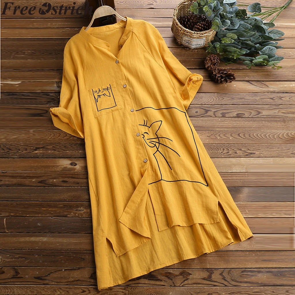Women linen loose blouse white summer casual stand collar simple cat print pocket long shirt Ladies plus size summer tops female
Women linen loose blouse white summer casual stand collar simple cat print pocket long shirt Ladies plus size summer tops female
