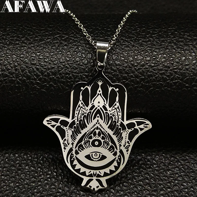 

2019 Fashion Eye Hamsa Hand Stainless Steel Statement Necklace for Women Silver Color Chain Necklace Jewellery bisuteria N186712