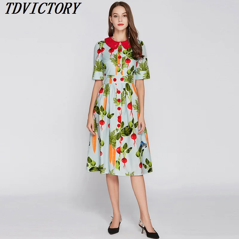 Runway Designer Vegetable Printing Dress 2019 Summer Women Eleagnt Lace Patchwork Peter Pan Collar Red Button Cute Party Dress
Runway Designer Vegetable Printing Dress 2019 Summer Women Eleagnt Lace Patchwork Peter Pan Collar Red Button Cute Party Dress