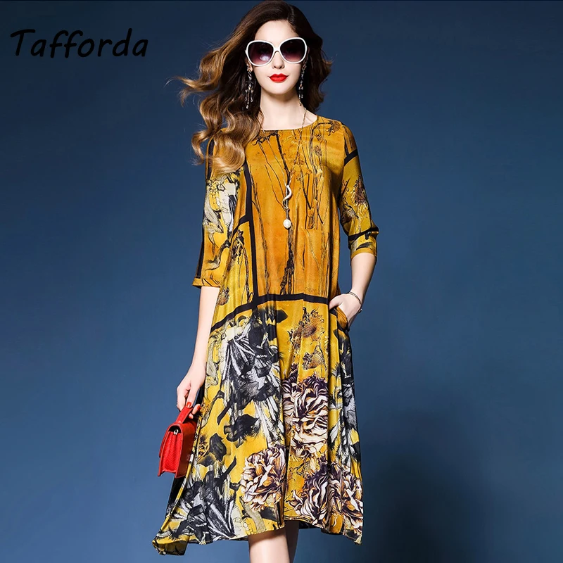 Tafforda New 2018 Spring Summer Loose Large Size Vestidos Printing O-neck Vintage Style Dress M-3XL Plus Size Women's Silk Dress
Tafforda New 2018 Spring Summer Loose Large Size Vestidos Printing O-neck Vintage Style Dress M-3XL Plus Size Women's Silk Dress