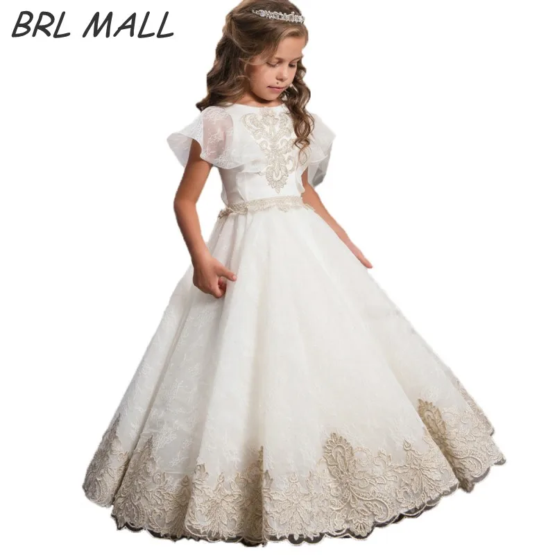 Фото Elegant Gold Lace Appliques flower girl dresses for weddings Short Sleeves Kids Ball Gown first communion girls AB05 | Свадьбы и