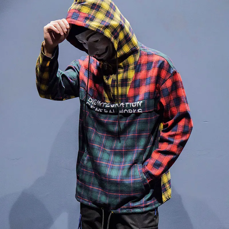 Patchwork Pullover Plaid Long Sleeve Hoodies Shirts 2