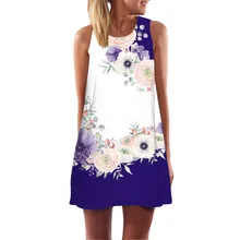 Vestido corto de poliéster con estampado de flores sin mangas y cuello redondo para mujer de verano 2019(China)