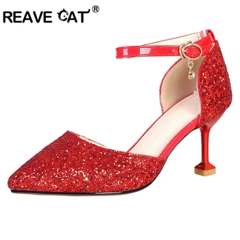 REAVE CAT Weddingds shoes Two piece Buckle Shoes woman High heels Ladies pumps Sequined cloth Pointed toe Gold Silver Red A1555
REAVE CAT Weddingds shoes Two piece Buckle Shoes woman High heels Ladies pumps Sequined cloth Pointed toe Gold Silver Red A1555