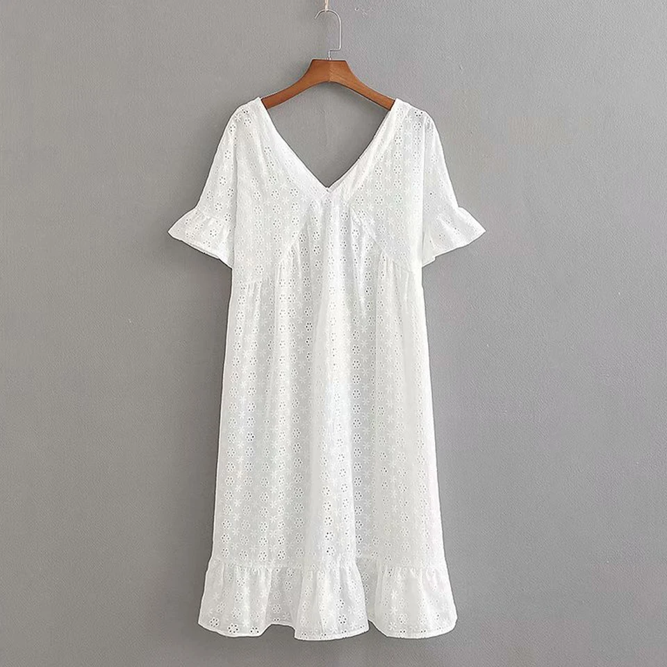 Women Solid Summer Loose Mini Dress Short Sleeve Hollow Out High Waist V-Neck Dresses Female Elegnat Fashion Dress vestidos
Women Solid Summer Loose Mini Dress Short Sleeve Hollow Out High Waist V-Neck Dresses Female Elegnat Fashion Dress vestidos