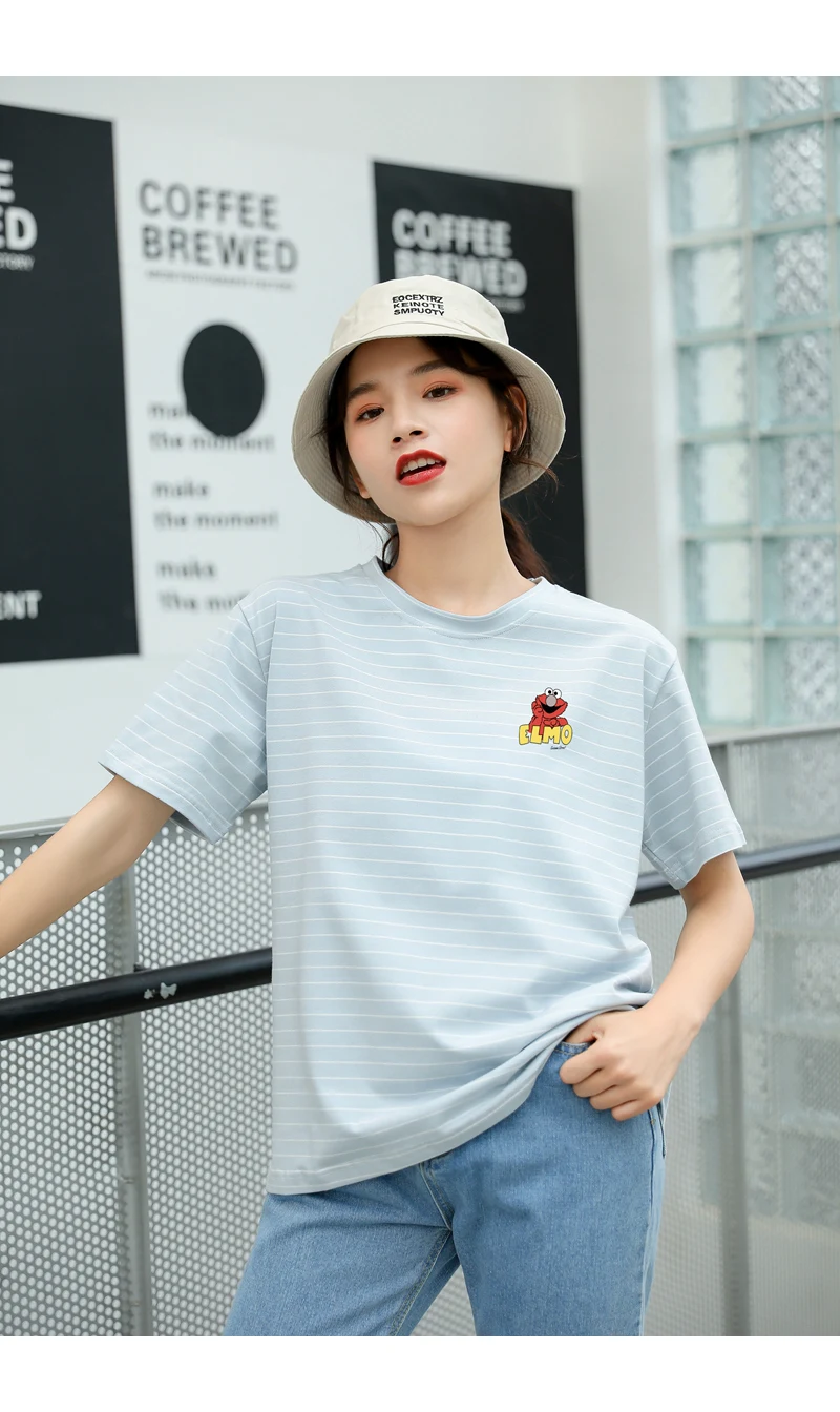 Sesame Street Elmo T Shirt Women Casual Harajuku Kawaii Cartoon Print Tshirt Loose Streetwear Tumblr Ulzzang Cotton Striped Tops (7)